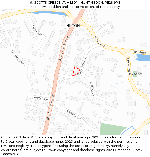 9, SCOTTS CRESCENT, HILTON, HUNTINGDON, PE28 9PG: Location map and indicative extent of plot