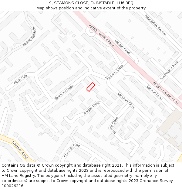 9, SEAMONS CLOSE, DUNSTABLE, LU6 3EQ: Location map and indicative extent of plot