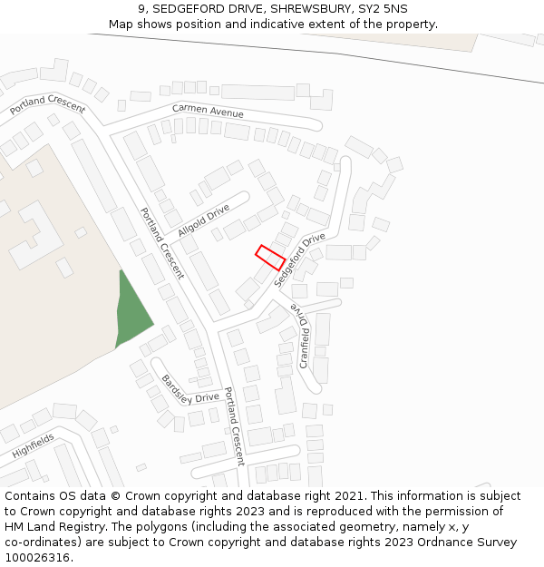 9, SEDGEFORD DRIVE, SHREWSBURY, SY2 5NS: Location map and indicative extent of plot
