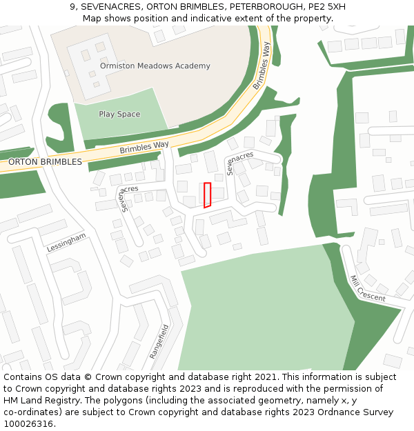 9, SEVENACRES, ORTON BRIMBLES, PETERBOROUGH, PE2 5XH: Location map and indicative extent of plot
