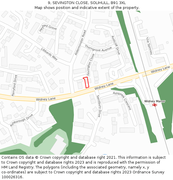 9, SEVINGTON CLOSE, SOLIHULL, B91 3XL: Location map and indicative extent of plot
