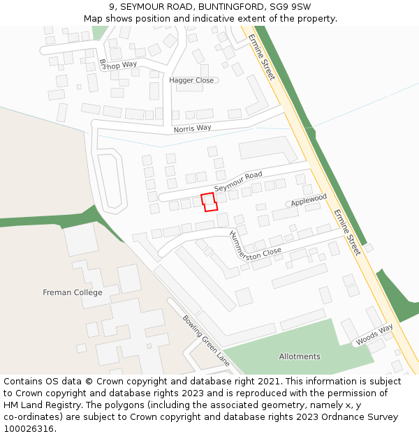 9, SEYMOUR ROAD, BUNTINGFORD, SG9 9SW: Location map and indicative extent of plot