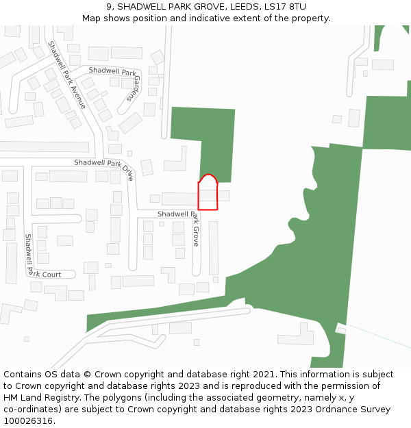 9, SHADWELL PARK GROVE, LEEDS, LS17 8TU: Location map and indicative extent of plot