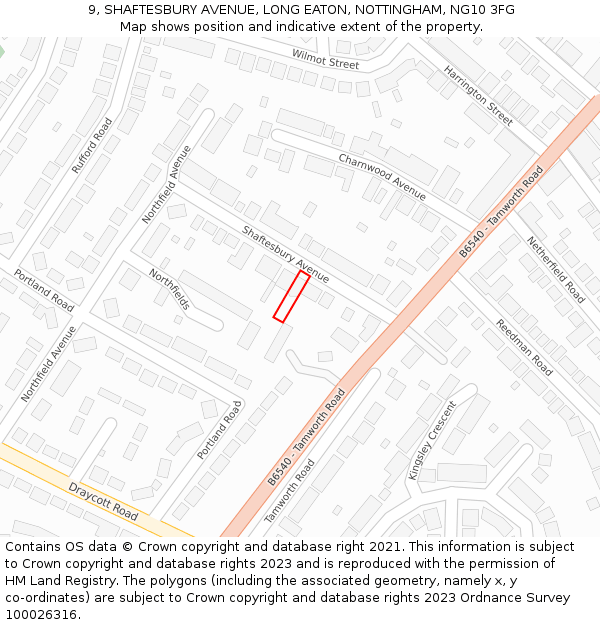9, SHAFTESBURY AVENUE, LONG EATON, NOTTINGHAM, NG10 3FG: Location map and indicative extent of plot
