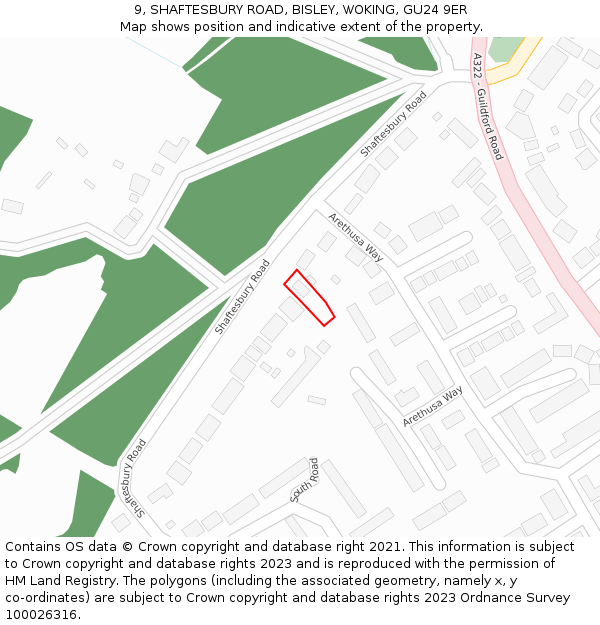 9, SHAFTESBURY ROAD, BISLEY, WOKING, GU24 9ER: Location map and indicative extent of plot