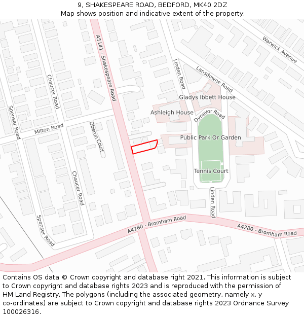 9, SHAKESPEARE ROAD, BEDFORD, MK40 2DZ: Location map and indicative extent of plot