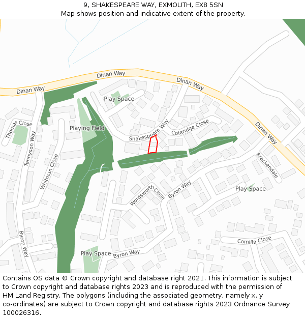 9, SHAKESPEARE WAY, EXMOUTH, EX8 5SN: Location map and indicative extent of plot