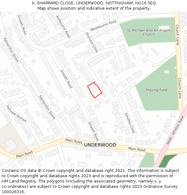 9, SHARRARD CLOSE, UNDERWOOD, NOTTINGHAM, NG16 5EQ: Location map and indicative extent of plot