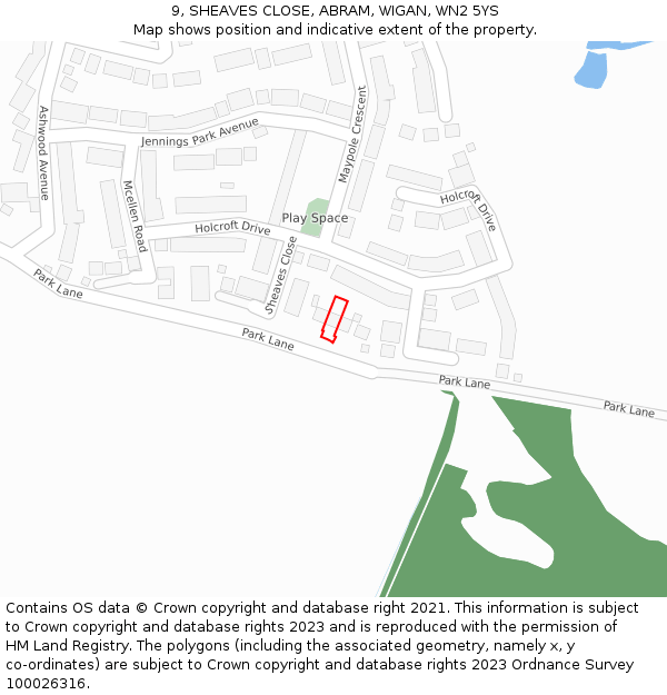 9, SHEAVES CLOSE, ABRAM, WIGAN, WN2 5YS: Location map and indicative extent of plot