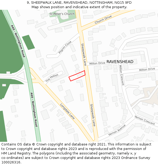 9, SHEEPWALK LANE, RAVENSHEAD, NOTTINGHAM, NG15 9FD: Location map and indicative extent of plot
