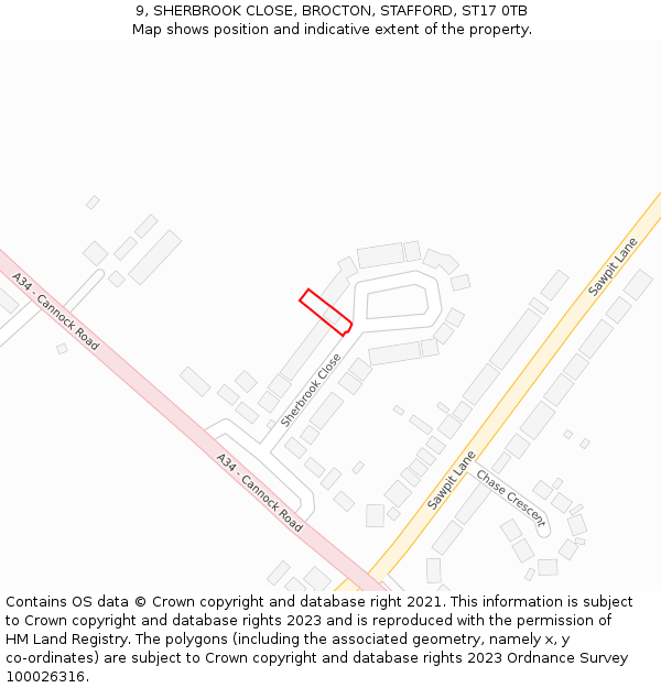 9, SHERBROOK CLOSE, BROCTON, STAFFORD, ST17 0TB: Location map and indicative extent of plot