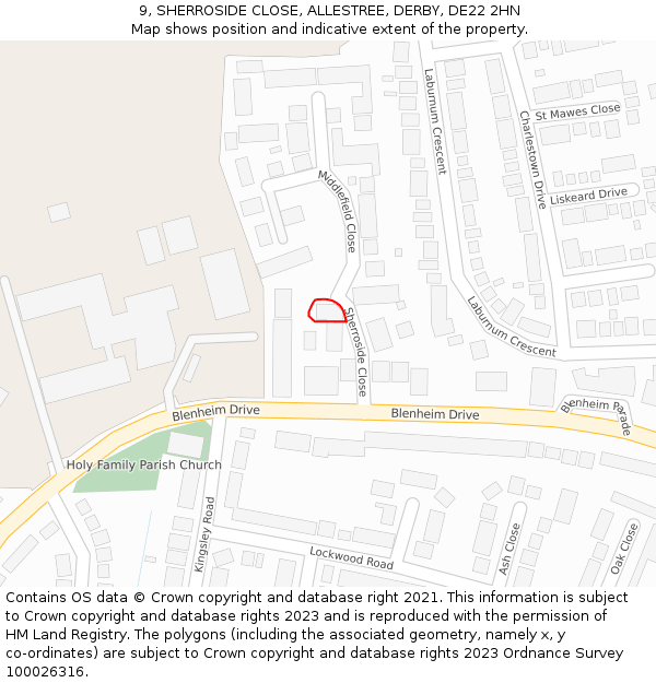 9, SHERROSIDE CLOSE, ALLESTREE, DERBY, DE22 2HN: Location map and indicative extent of plot