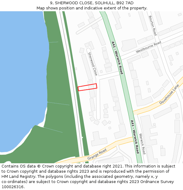 9, SHERWOOD CLOSE, SOLIHULL, B92 7AD: Location map and indicative extent of plot