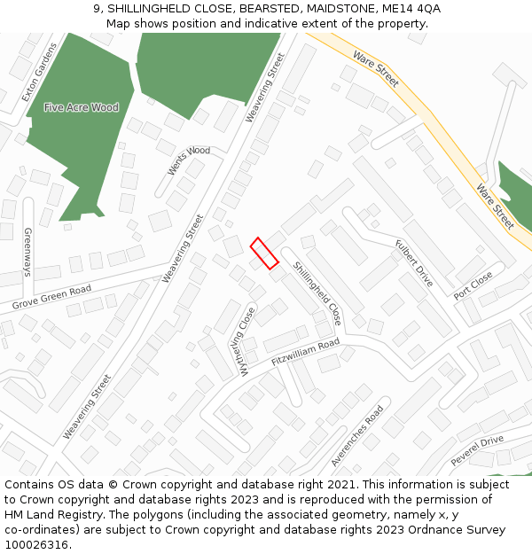 9, SHILLINGHELD CLOSE, BEARSTED, MAIDSTONE, ME14 4QA: Location map and indicative extent of plot