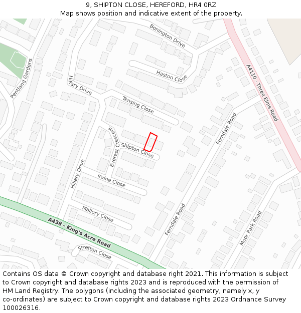 9, SHIPTON CLOSE, HEREFORD, HR4 0RZ: Location map and indicative extent of plot