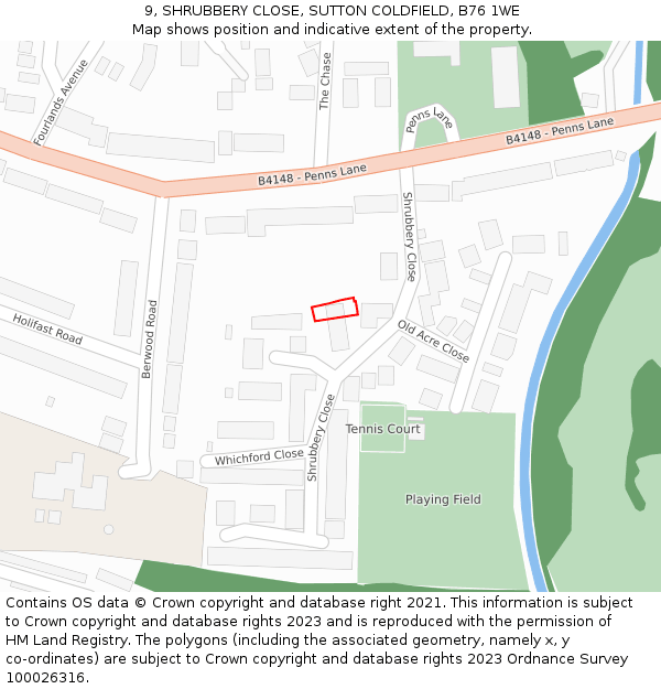 9, SHRUBBERY CLOSE, SUTTON COLDFIELD, B76 1WE: Location map and indicative extent of plot