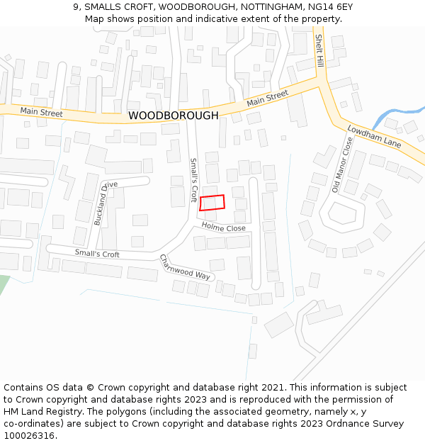 9, SMALLS CROFT, WOODBOROUGH, NOTTINGHAM, NG14 6EY: Location map and indicative extent of plot