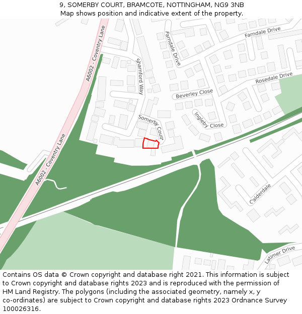 9, SOMERBY COURT, BRAMCOTE, NOTTINGHAM, NG9 3NB: Location map and indicative extent of plot