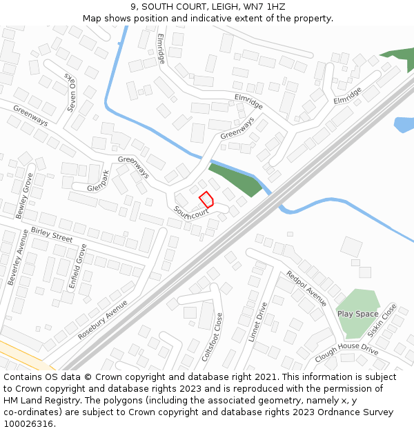 9, SOUTH COURT, LEIGH, WN7 1HZ: Location map and indicative extent of plot
