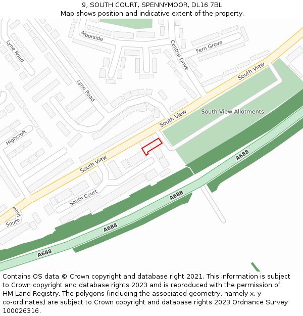 9, SOUTH COURT, SPENNYMOOR, DL16 7BL: Location map and indicative extent of plot