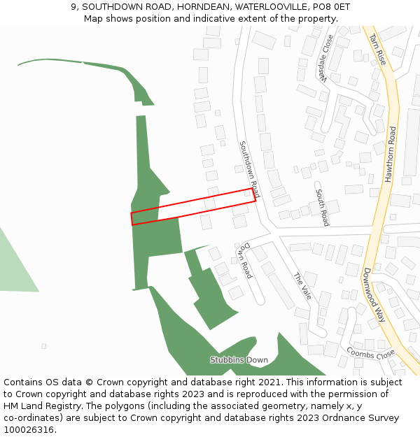 9, SOUTHDOWN ROAD, HORNDEAN, WATERLOOVILLE, PO8 0ET: Location map and indicative extent of plot