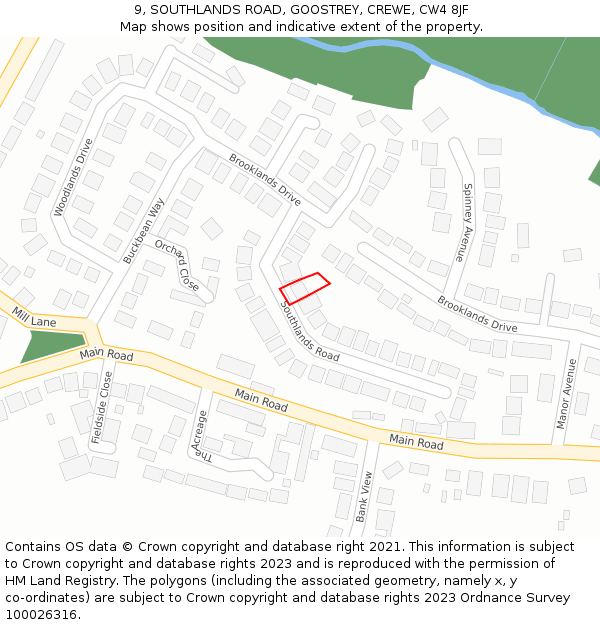 9, SOUTHLANDS ROAD, GOOSTREY, CREWE, CW4 8JF: Location map and indicative extent of plot