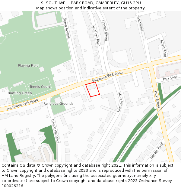 9, SOUTHWELL PARK ROAD, CAMBERLEY, GU15 3PU: Location map and indicative extent of plot