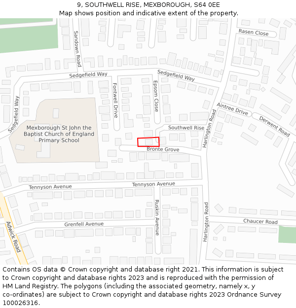 9, SOUTHWELL RISE, MEXBOROUGH, S64 0EE: Location map and indicative extent of plot