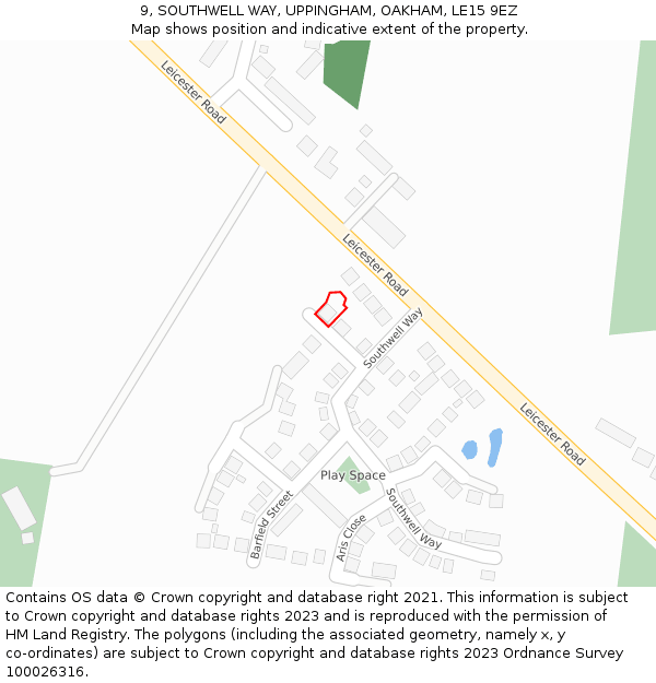 9, SOUTHWELL WAY, UPPINGHAM, OAKHAM, LE15 9EZ: Location map and indicative extent of plot