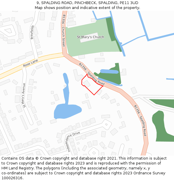 9, SPALDING ROAD, PINCHBECK, SPALDING, PE11 3UD: Location map and indicative extent of plot