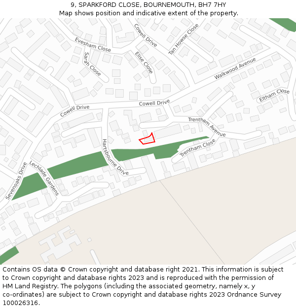 9, SPARKFORD CLOSE, BOURNEMOUTH, BH7 7HY: Location map and indicative extent of plot