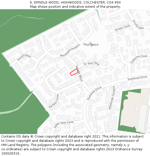 9, SPINDLE WOOD, HIGHWOODS, COLCHESTER, CO4 9SX: Location map and indicative extent of plot