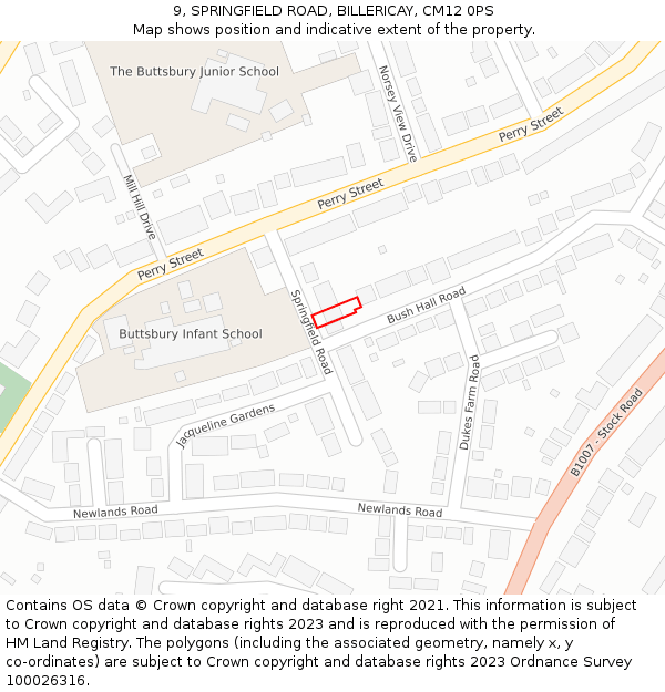 9, SPRINGFIELD ROAD, BILLERICAY, CM12 0PS: Location map and indicative extent of plot