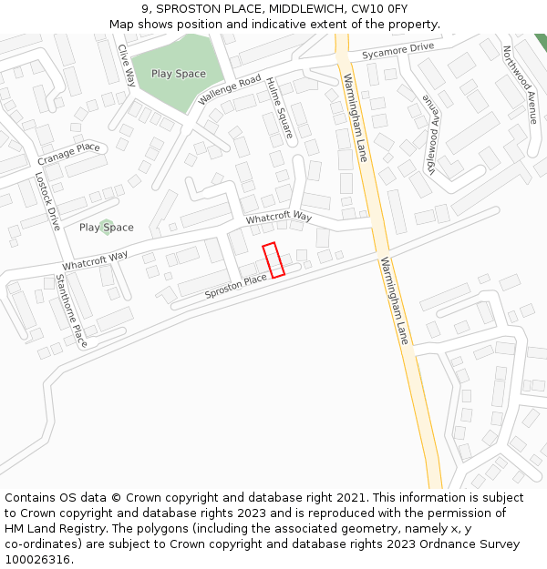 9, SPROSTON PLACE, MIDDLEWICH, CW10 0FY: Location map and indicative extent of plot