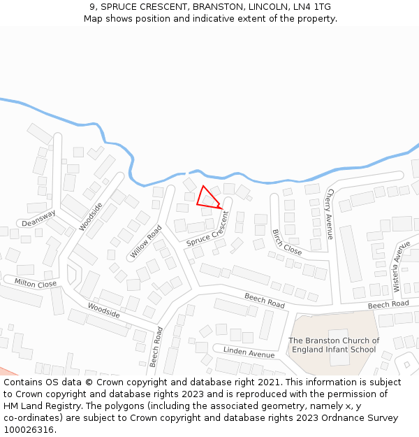 9, SPRUCE CRESCENT, BRANSTON, LINCOLN, LN4 1TG: Location map and indicative extent of plot