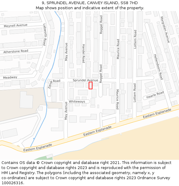 9, SPRUNDEL AVENUE, CANVEY ISLAND, SS8 7HD: Location map and indicative extent of plot