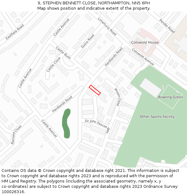 9, STEPHEN BENNETT CLOSE, NORTHAMPTON, NN5 6PH: Location map and indicative extent of plot