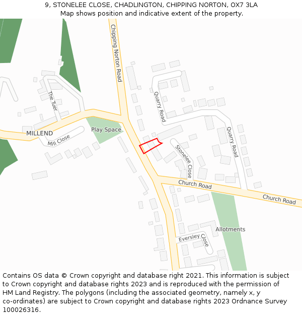 9, STONELEE CLOSE, CHADLINGTON, CHIPPING NORTON, OX7 3LA: Location map and indicative extent of plot