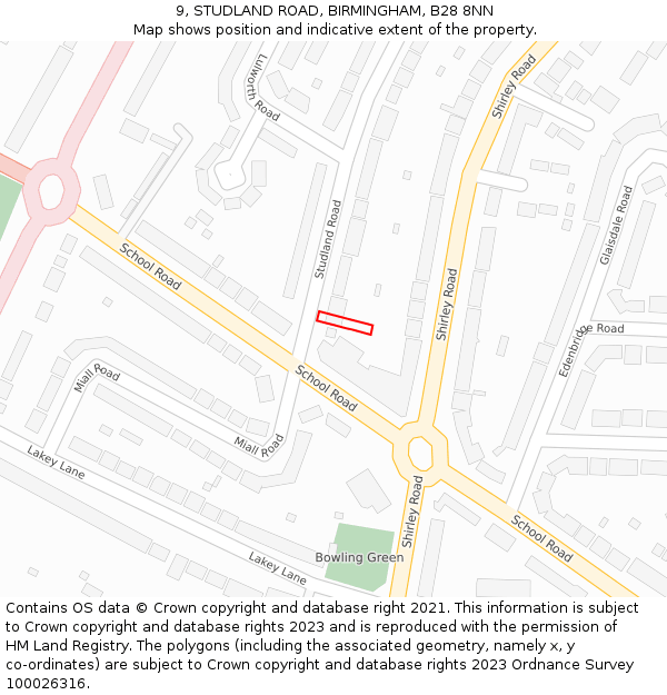 9, STUDLAND ROAD, BIRMINGHAM, B28 8NN: Location map and indicative extent of plot