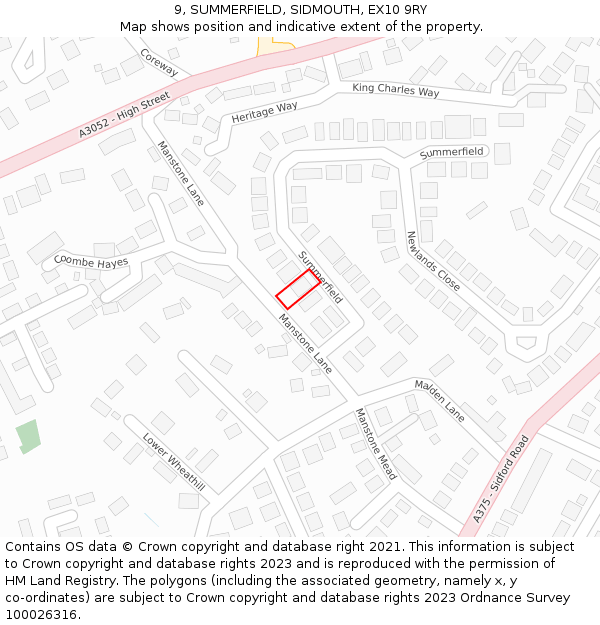 9, SUMMERFIELD, SIDMOUTH, EX10 9RY: Location map and indicative extent of plot