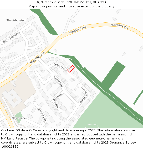 9, SUSSEX CLOSE, BOURNEMOUTH, BH9 3SA: Location map and indicative extent of plot