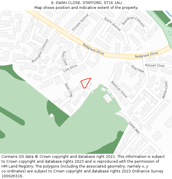9, SWAN CLOSE, STAFFORD, ST16 1AU: Location map and indicative extent of plot