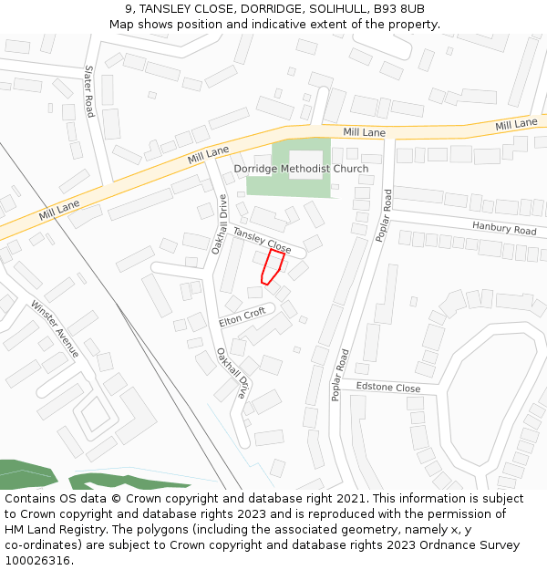 9, TANSLEY CLOSE, DORRIDGE, SOLIHULL, B93 8UB: Location map and indicative extent of plot