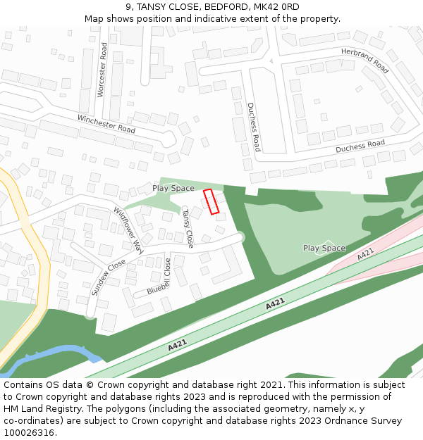 9, TANSY CLOSE, BEDFORD, MK42 0RD: Location map and indicative extent of plot