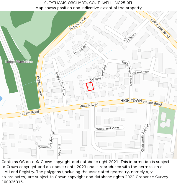 9, TATHAMS ORCHARD, SOUTHWELL, NG25 0FL: Location map and indicative extent of plot