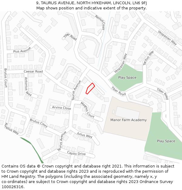 9, TAURUS AVENUE, NORTH HYKEHAM, LINCOLN, LN6 9FJ: Location map and indicative extent of plot