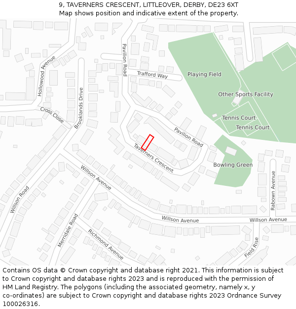 9, TAVERNERS CRESCENT, LITTLEOVER, DERBY, DE23 6XT: Location map and indicative extent of plot
