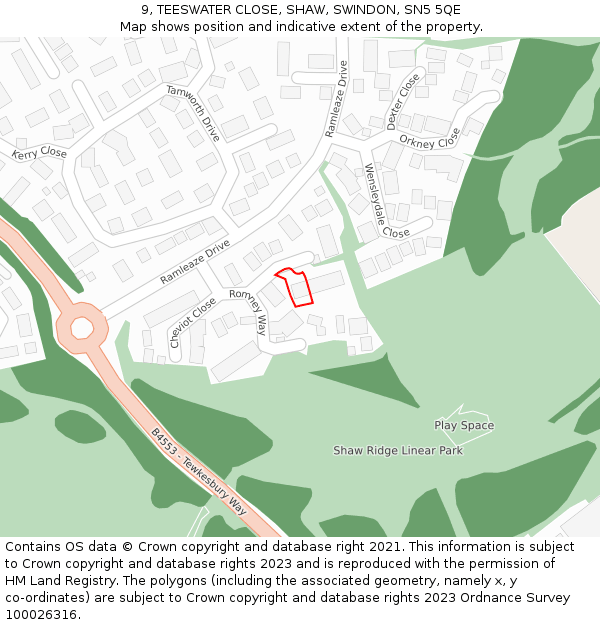 9, TEESWATER CLOSE, SHAW, SWINDON, SN5 5QE: Location map and indicative extent of plot
