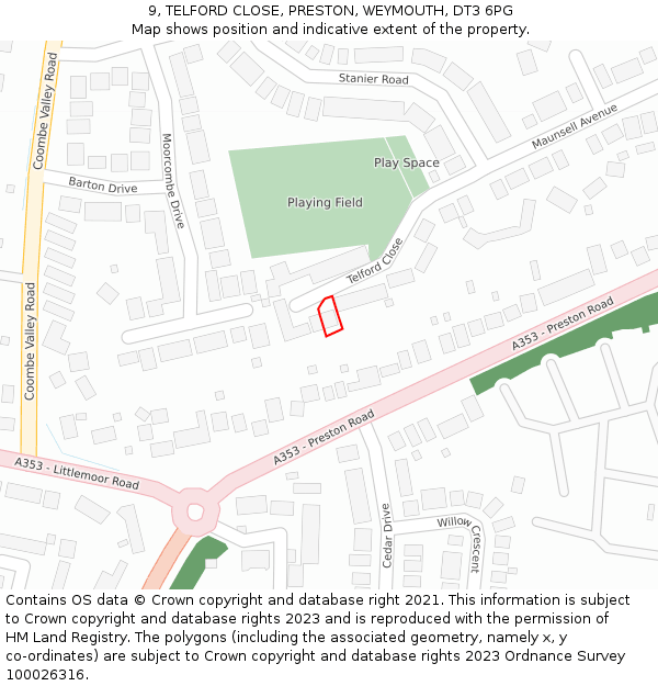 9, TELFORD CLOSE, PRESTON, WEYMOUTH, DT3 6PG: Location map and indicative extent of plot