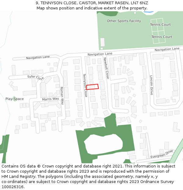 9, TENNYSON CLOSE, CAISTOR, MARKET RASEN, LN7 6NZ: Location map and indicative extent of plot